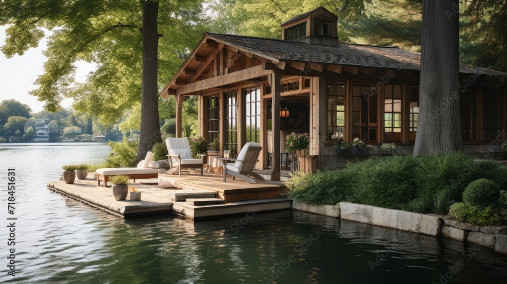 Fototapeta premium A serene lakeside cottage with a private dock AI generated