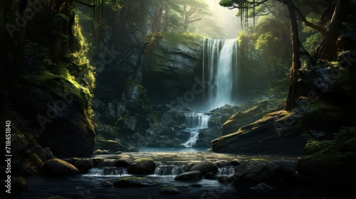A serene waterfall in a secluded forest AI generated