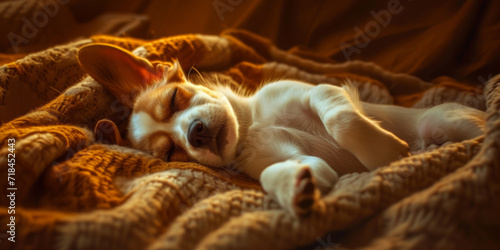 a brown and white dog sleeps on a brown blanket, generative AI