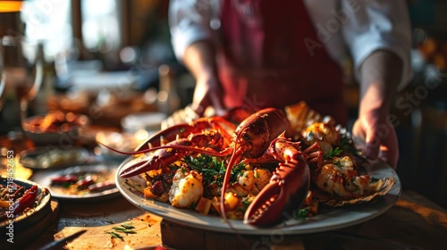 The Chef prepares a large Lobster with other delicacies. Seafood delicacies. Photos for the menu of a cafe, restaurant