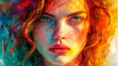 Vivid redhead with bright blue eyes in a portrait in abstract colors