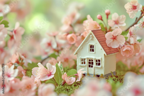 Mini toy house and cherry flowers. house on spring nature background. 