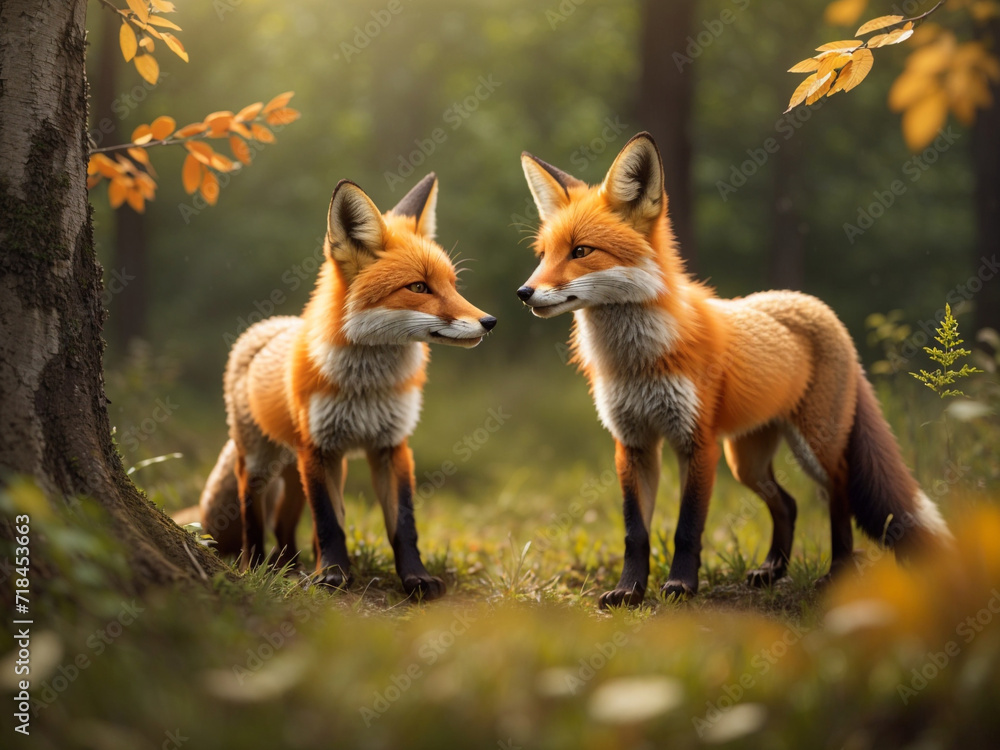 Fototapeta premium a couple of foxes standing next to each other in a forest fox