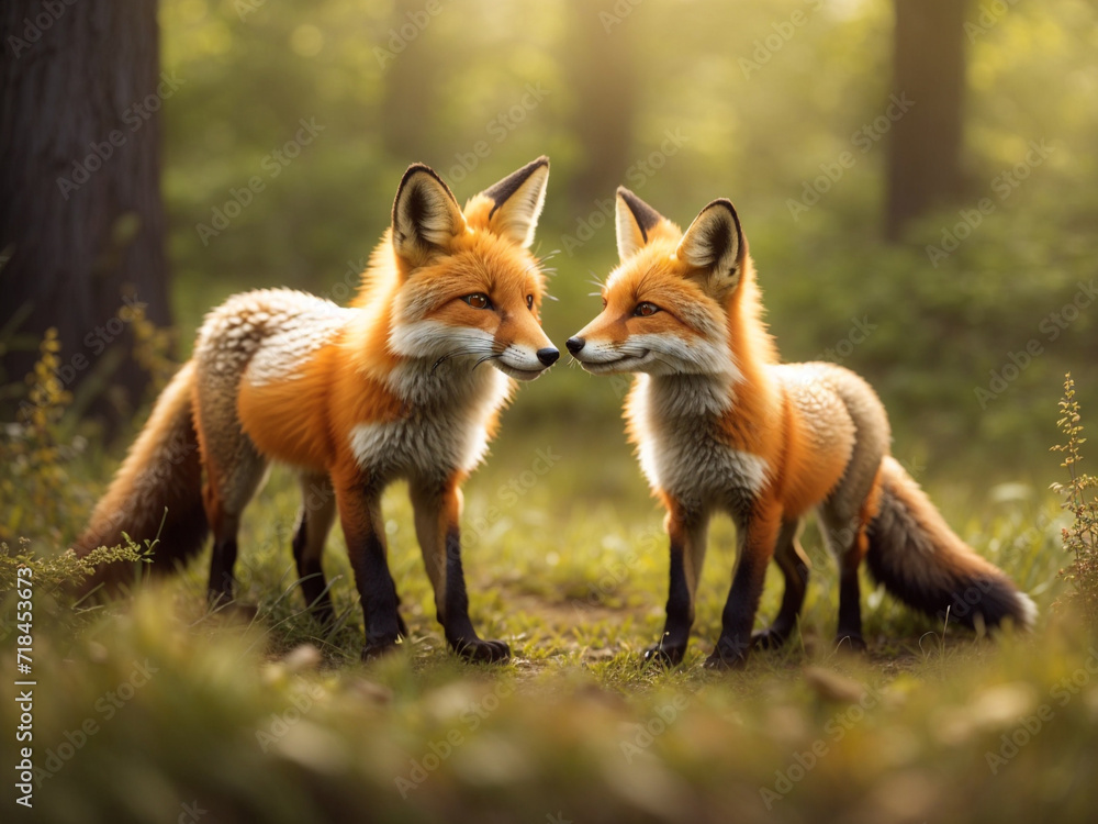 Obraz premium a couple of foxes standing next to each other in a forest fox