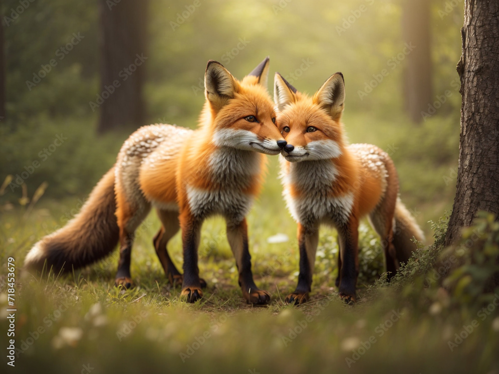 a couple of foxes standing next to each other in a forest fox