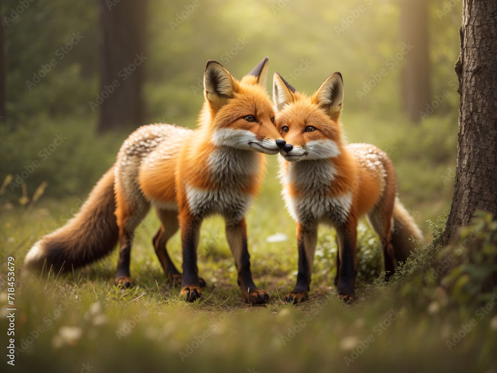a couple of foxes standing next to each other in a forest fox a couple of foxes standing next to each other in a forest fox