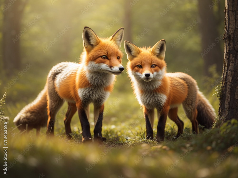 a couple of foxes standing next to each other in a forest fox a couple of foxes standing next to each other in a forest fox