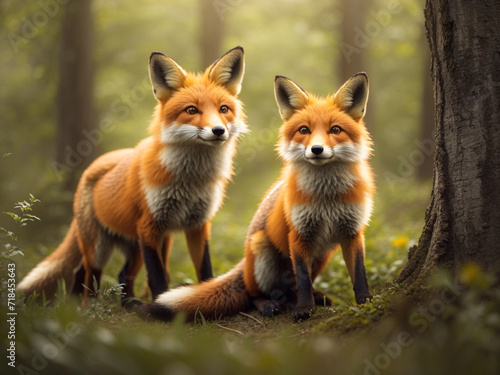 a couple of foxes standing next to each other in a forest fox photo