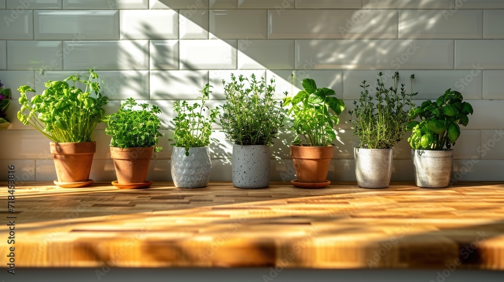 photography of Warm polished wooden countertop, stainless steel appliances, bright ceramic tiles, fresh herbs in pots. Natural sunlight from windows, soft shadows, cozy and welcoming morning atmospher