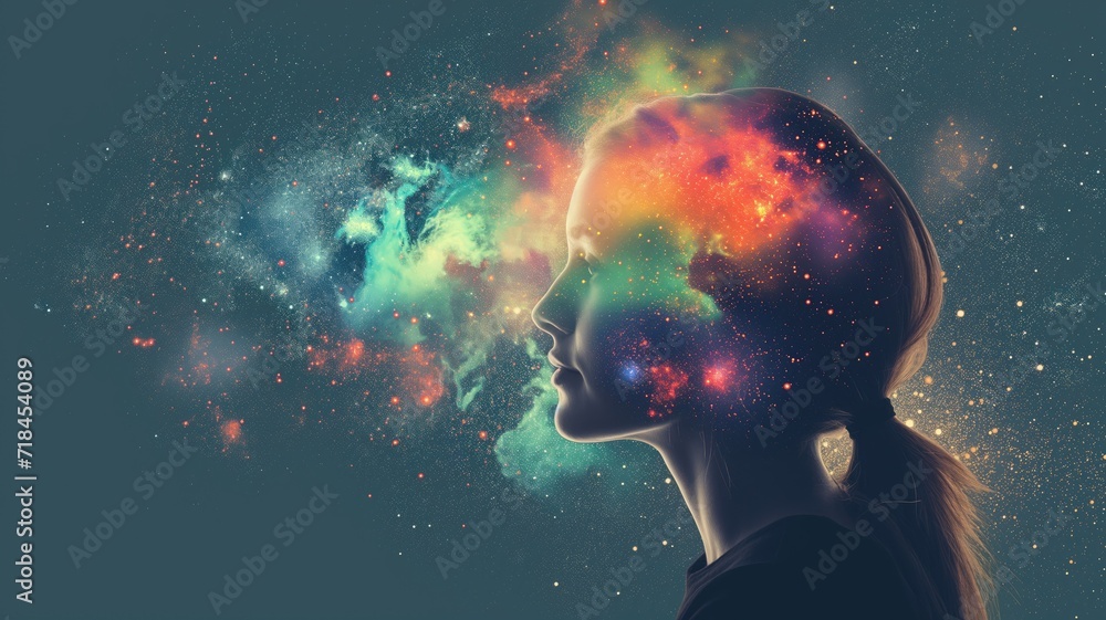 Woman profile with cosmic galaxy overlay Woman profile with cosmic galaxy overlay