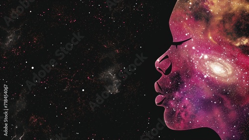 Silhouette of a woman s profile with a cosmic background
