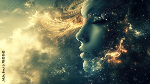 Woman with hair blending into the cosmos