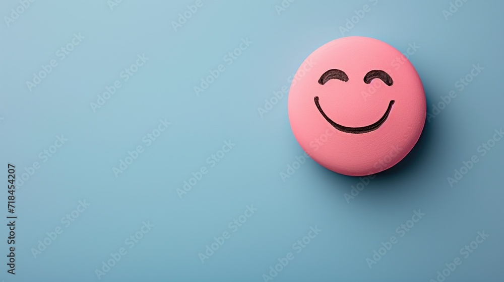 A pink smiling ball with a drawn face on a blue background A pink smiling ball with a drawn face on a blue background