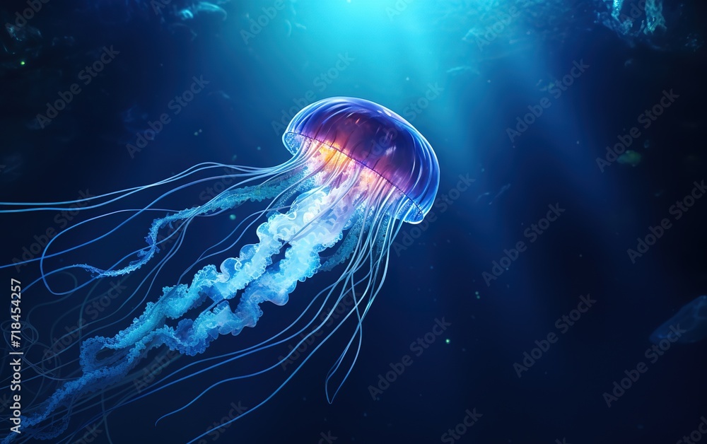 A jellyfish swimming in the ocean. generative AI A jellyfish swimming in the ocean. generative AI