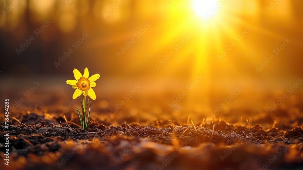 Single daffodil in sunlight with soft background
