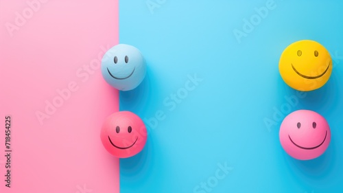 Colorful smiling balls on split pink and blue background