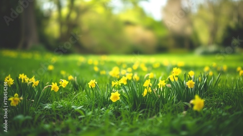 Yellow daffodils blooming in a lush green field photo