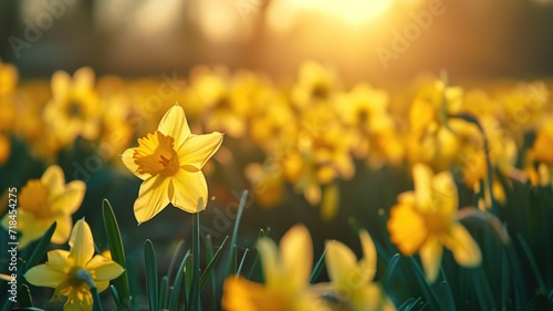 Golden daffodils at sunset with a warm glow photo