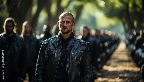 A confident young adult man in a leather jacket walking generated by AI