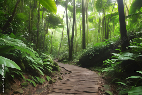 Hiking in green tropical forest