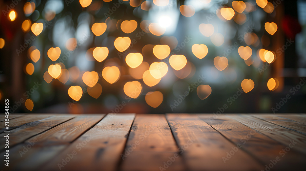 Empty wooden table with blurred background, Heart-shaped bokeh lights of six star luxury hotel room at valentine day Empty wooden table with blurred background, Heart-shaped bokeh lights of six star luxury hotel room at valentine day