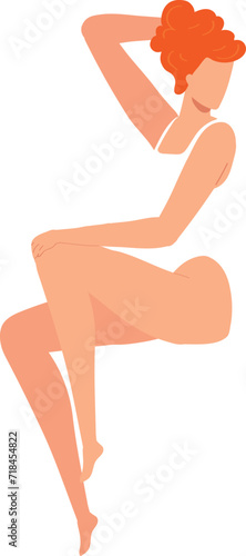 Redhead woman in a white swimsuit posing elegantly. Minimalist beauty and feminine grace concept vector illustration.