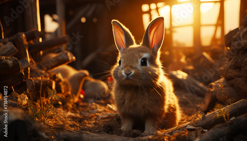 Cute baby rabbit sitting in the grass, enjoying the sunlight generated by AI