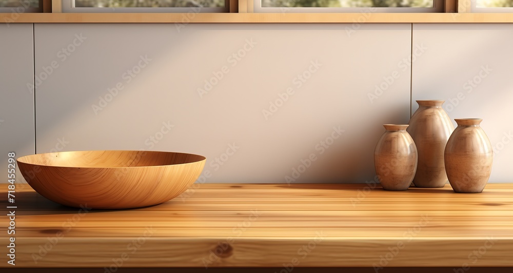 Brown wooden plate in photo on wooden table Brown wooden plate in photo on wooden table