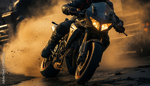 Men riding motorcycles in a night race, fueling their adventurous spirit generated by AI