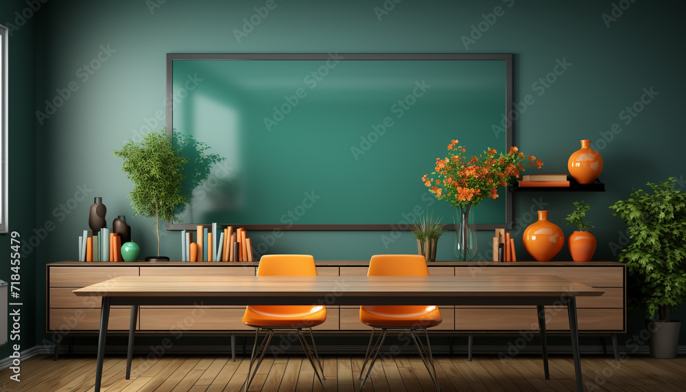 Modern office with wooden desk, chair, and green plant generated by AI Modern office with wooden desk, chair, and green plant generated by AI