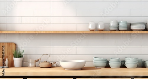 Various kinds of bowls in a kitchen. generative AI