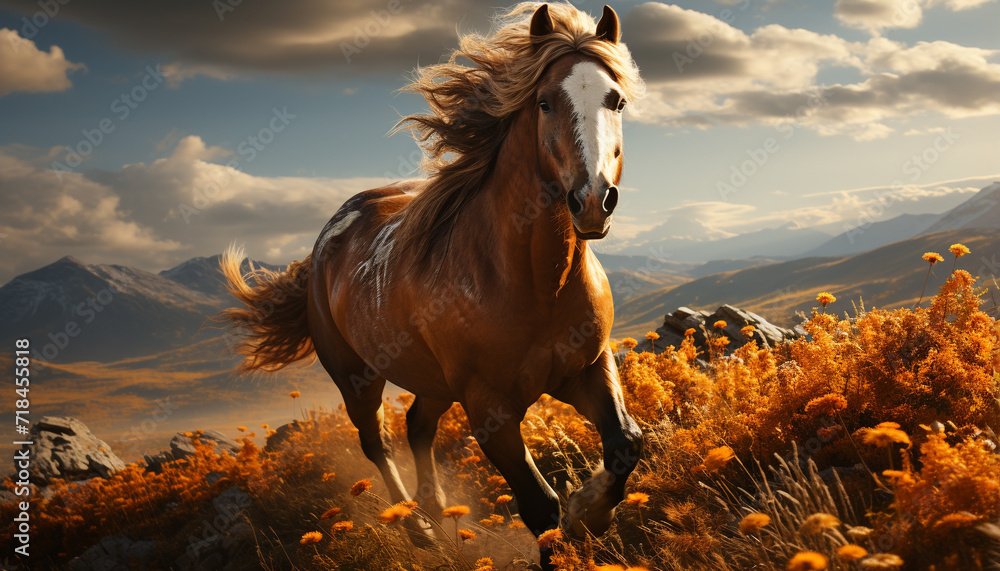 Thoroughbred horse running freely in the tranquil meadow at dusk generated by AI