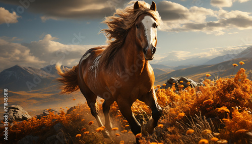 Thoroughbred horse running freely in the tranquil meadow at dusk generated by AI