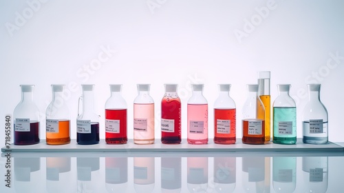 A row of tubes filled with colorful chemical liquids is photographed on a table in front of a white wall in a laboratory. generative AI