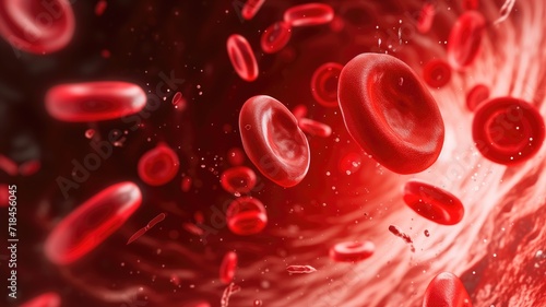 Detailed red blood cells flowing in a vessel