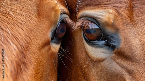 Two horse faces close together  focusing on their eyes