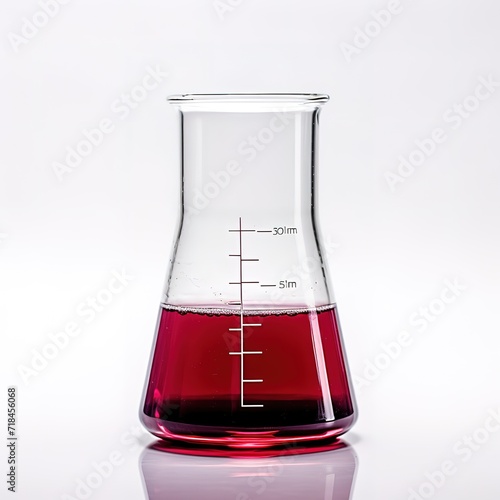 A chemical laboratory flask filled with red chemicals is photographed on a white background.