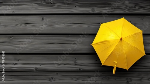 Yellow umbrella on a dark wooden deck, bright color against dark background