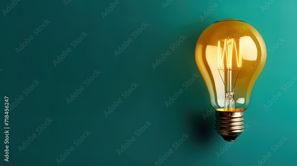 A shining incandescent lamp In front of a green wall. generative AI A shining incandescent lamp In front of a green wall. generative AI