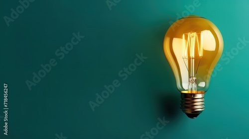 A shining incandescent lamp In front of a green wall. generative AI