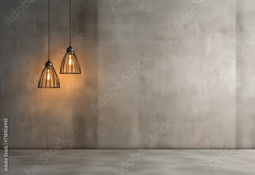 A hanging lamp burns brightly in front of a textured gray wall with an empty space beside it. generative AI