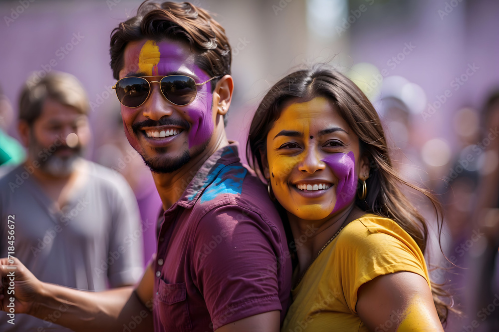 Celebrating Holi Festival of Colors, Happy Indian couple with colorful Holi powder on face and body, generative AI