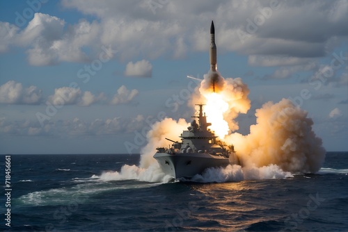 Missile launch from a warship on sea