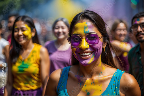 Celebrating Holi Festival of Colors, Happy woman with colorful Holi powder on face and body, generative AI