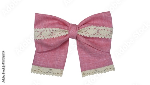 Pink cotton fabric bow with beige lace embellishment - elegant design on white background