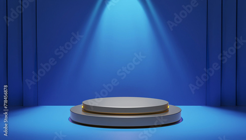podium stage with lighting, podium stage scene with an award ceremony on blue background, 3D illustration rendering