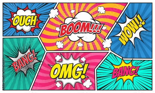 Colorful comic cartoon scene page background with speech bubble illustration set