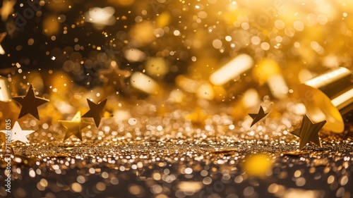 Golden glitter and stars scattered on a dark surface with a bokeh effect