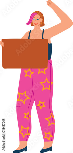 Cheerful woman with pink hair holding blank sign. Female activist in colorful trousers showing empty board ready for text. Social movement and individual expression vector illustration.