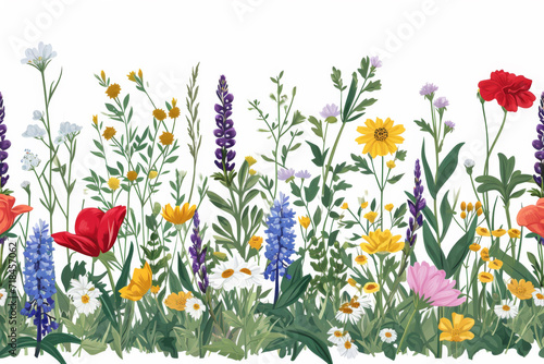 Summer floral wild meadow seamless border. Spring flowers and green branches.